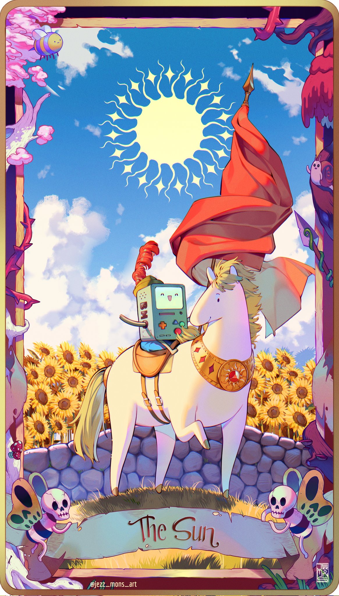 1other adventure_time animal artist_name bmo closed_mouth clouds day flag flower game_console hat hat_feather highres holding holding_flag horse ibispaint_(medium) jezz_mons_art open_mouth outdoors red_flag sky smile sun sunflower tarot the_sun_(tarot) twitter_username white_horse yellow_flower