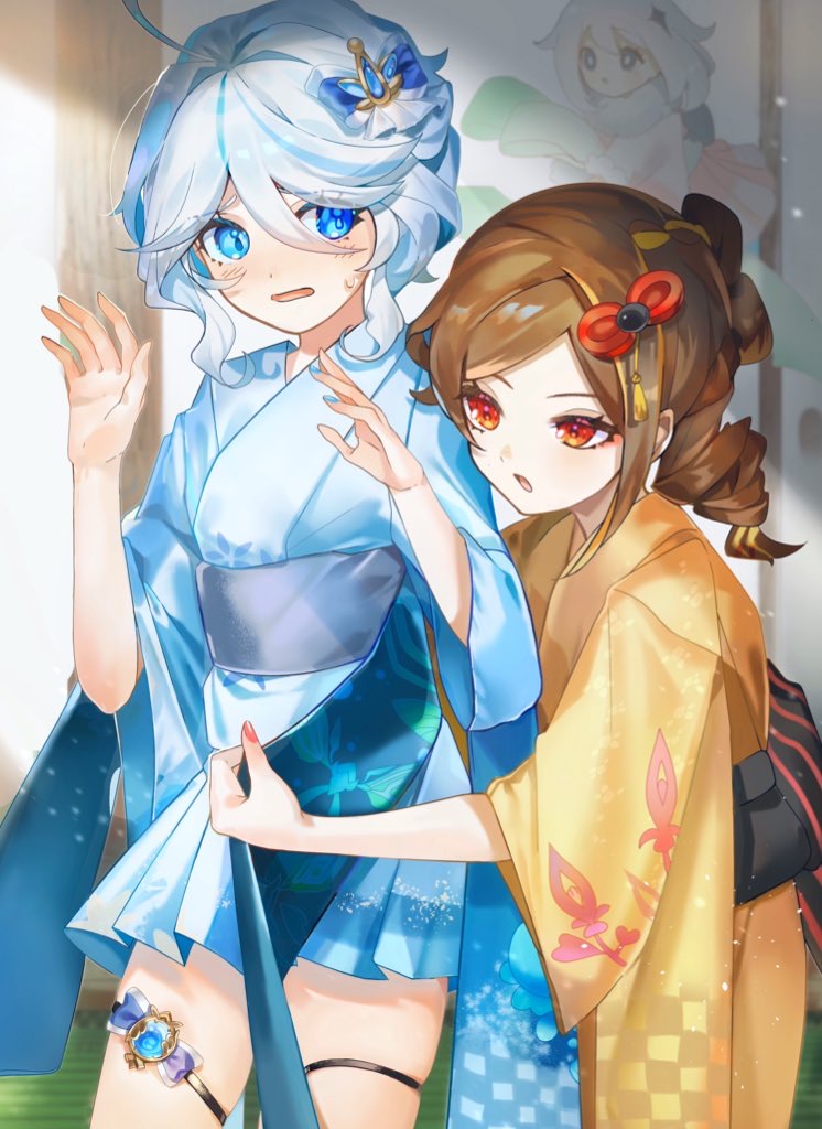 3girls adjusting_another's_clothes ahoge blue_eyes blue_hair brown_hair chiori_(genshin_impact) commentary_request dressing dressing_another furina_(genshin_impact) genshin_impact hair_between_eyes hair_ornament halo heterochromia japanese_clothes kimono light_blue_hair long_hair multicolored_hair multiple_girls obi paimon_(genshin_impact) popo_(mochimai275642) red_eyes sash sidelocks streaked_hair two-tone_hair white_hair