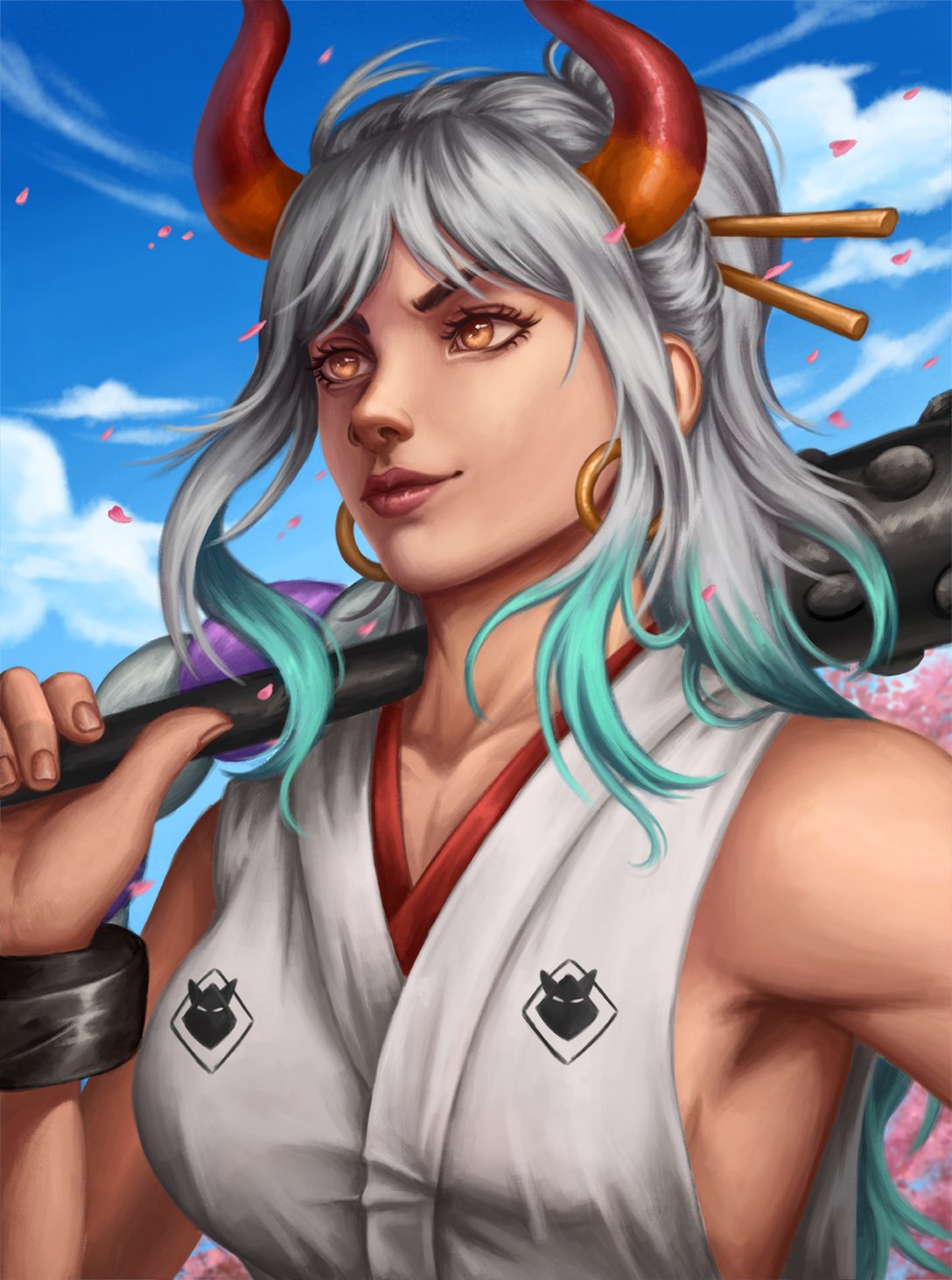 1girl aqua_hair bare_shoulders closed_mouth clouds cloudy_sky club_(weapon) commentary cuffs curled_horns earrings english_commentary gfmarra hair_ornament hair_stick handcuffs highres holding holding_weapon hoop_earrings horns japanese_clothes jewelry kanabou long_hair multicolored_hair multicolored_horns one_piece oni orange_eyes orange_horns outdoors realistic red_horns rope shimenawa sky smile solo weapon white_hair yamato_(one_piece)