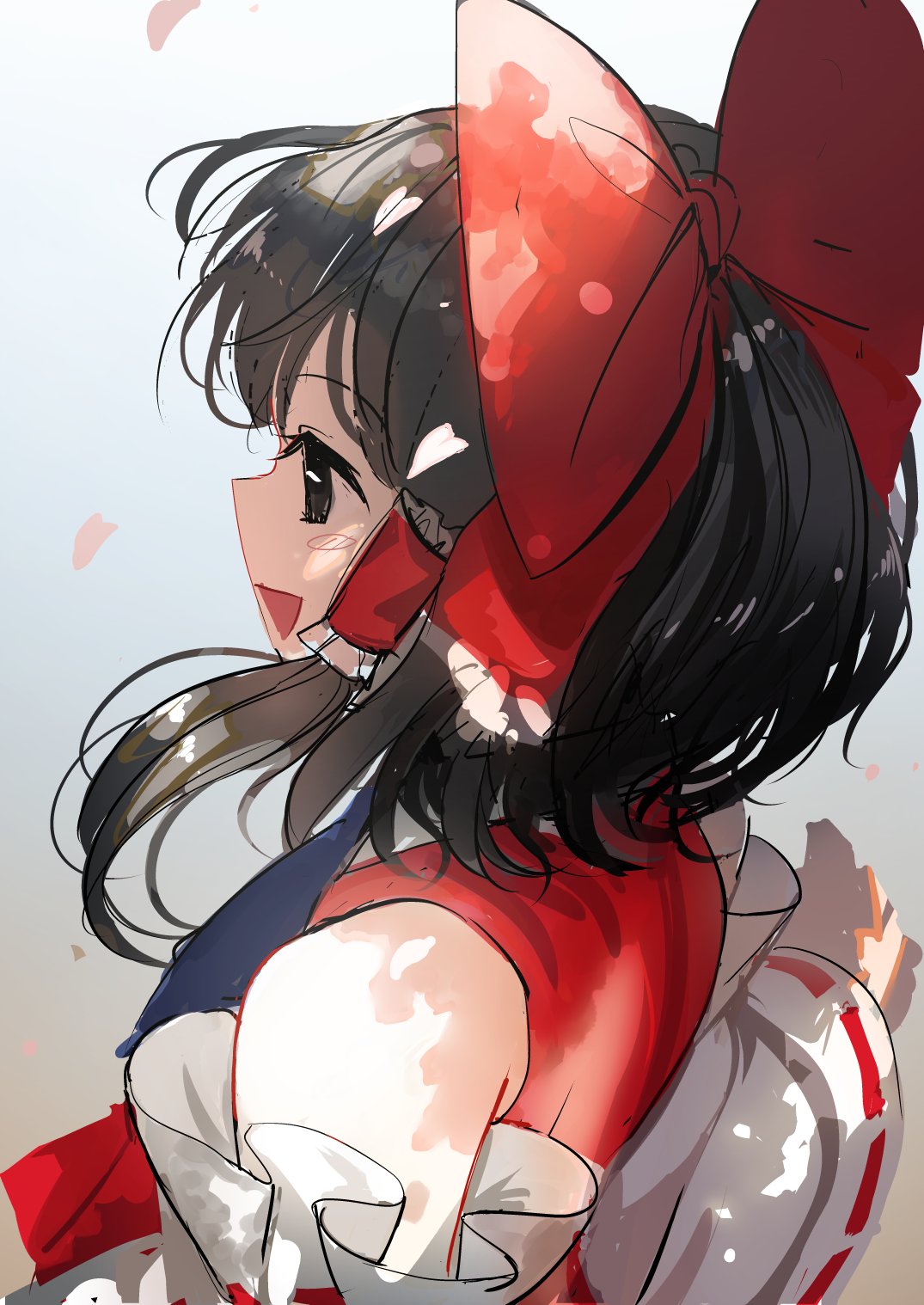 1girl ascot black_eyes black_hair blue_ascot bow commentary_request detached_sleeves frilled_bow frilled_hair_tubes frills hair_bow hair_tubes hakurei_reimu highres red_bow red_shirt ribbon-trimmed_sleeves ribbon_trim shirt sleeveless sleeveless_shirt solo suna_(s73d) touhou upper_body white_sleeves wide_sleeves