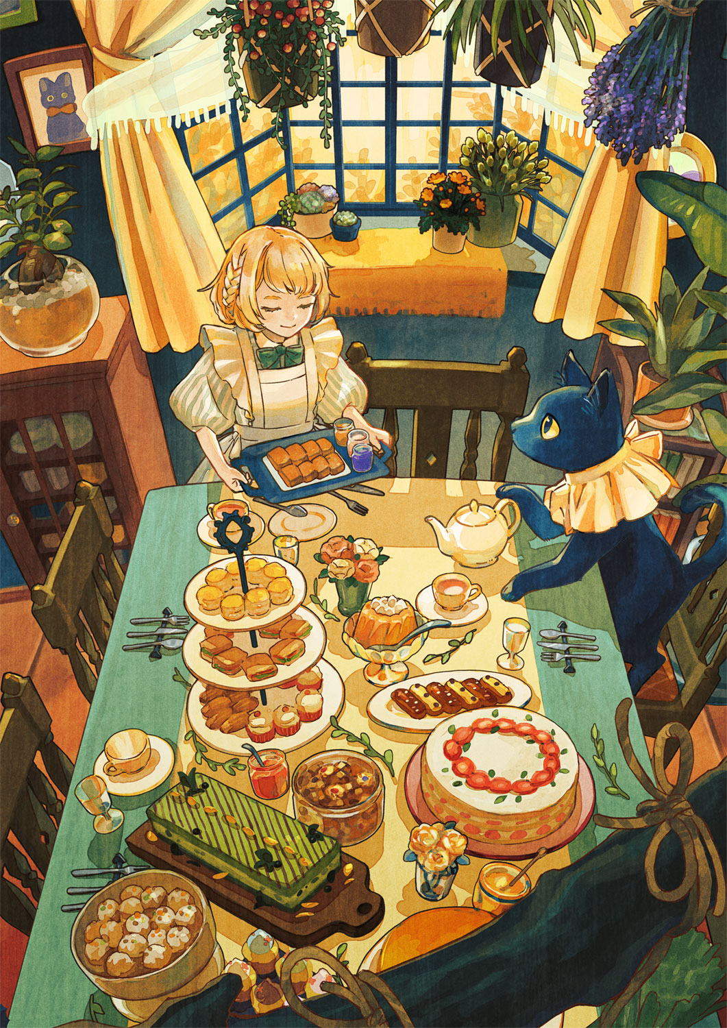 1girl animal blonde_hair bow bowl bowtie braid cake cat chair closed_eyes clothed_animal cookie cup cupcake curtains day dress food fork from_above green_bow green_bowtie hanging_plant herb_bundle highres holding holding_tray honey indoors knife leaf macaron original painting_(object) plant potted_plant pudding puffy_sleeves rope saucer scenery short_hair single_braid smile spoon swept_bangs table tami_yagi tea tea_set teacup teapot tiered_tray tray vase white_dress wide_shot window