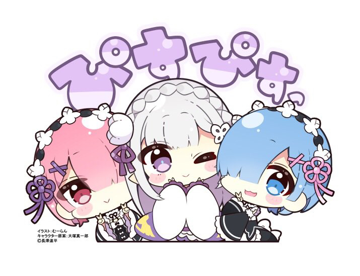 3girls :&gt; :d ;) black_dress black_sleeves blue_eyes blue_hair braid chibi closed_mouth commentary_request crown_braid detached_sleeves double_v dress emilia_(re:zero) grey_hair hair_ornament hair_over_one_eye hairclip japanese_clothes kimono long_sleeves multiple_girls muuran official_art one_eye_closed pink_hair ram_(re:zero) re:zero_kara_hajimeru_isekai_seikatsu red_eyes rem_(re:zero) simple_background sleeves_past_wrists smile translation_request v violet_eyes white_background white_kimono wide_sleeves x_hair_ornament