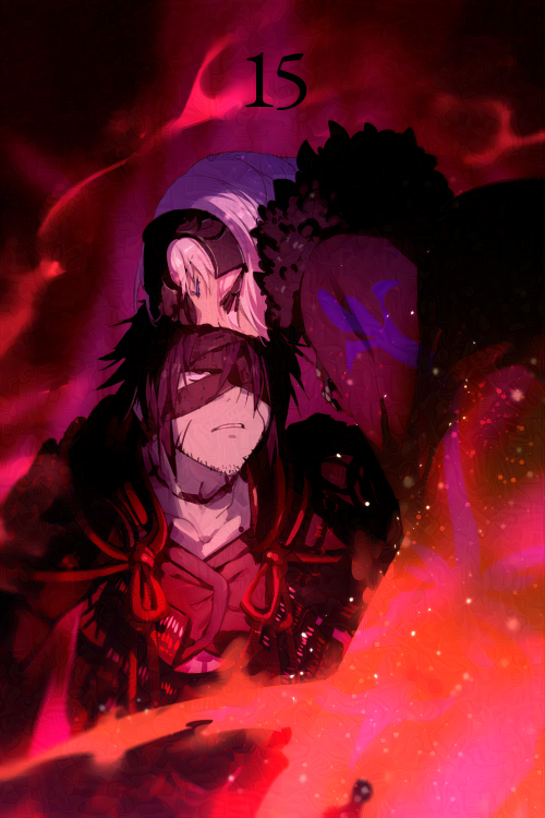 1boy 1girl armor bandage_over_one_eye bandaged_head bandages black_armor black_bandages black_hair cape chiemon_(fate) closed_eyes dark echo_(circa) fate/samurai_remnant fate_(series) fire fur-trimmed_cape fur_trim headpiece japanese_armor jeanne_d'arc_alter_(lancer)_(fate) multiple_scars scar scar_on_neck white_hair