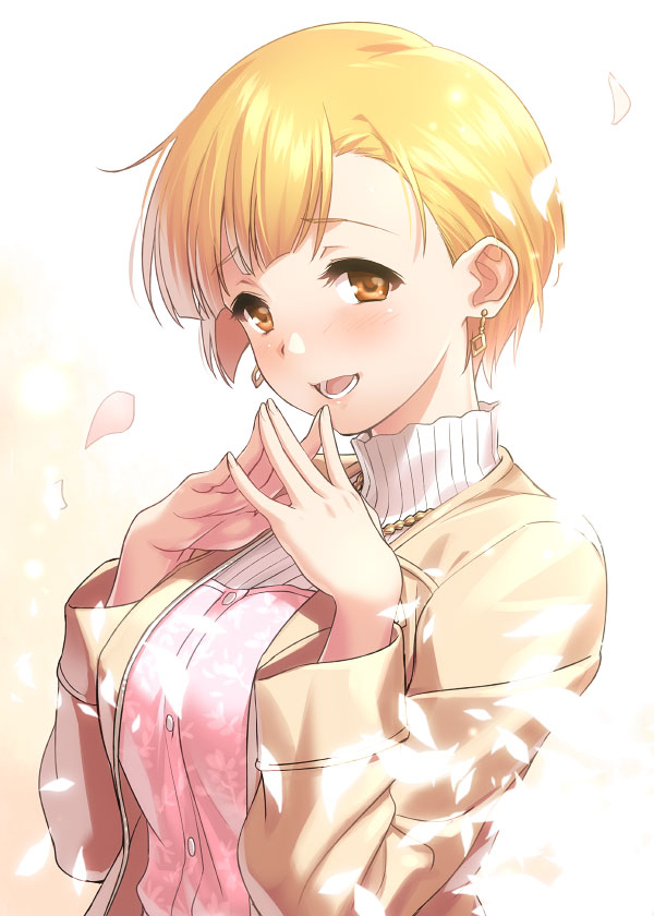 1girl :d blonde_hair blunt_bangs blush breasts brown_eyes commentary diamond_earrings earrings falling_petals floral_print fukuda_noriko hands_up happy idolmaster idolmaster_million_live! idolmaster_million_live!_theater_days jacket jewelry large_breasts long_sleeves looking_at_viewer lower_teeth_only necklace open_clothes open_jacket open_mouth petals pink_vest shirt short_hair simple_background smile solo steepled_fingers tareme teeth upper_body vest white_shirt yellow_background yellow_jacket zen_(kamuro)
