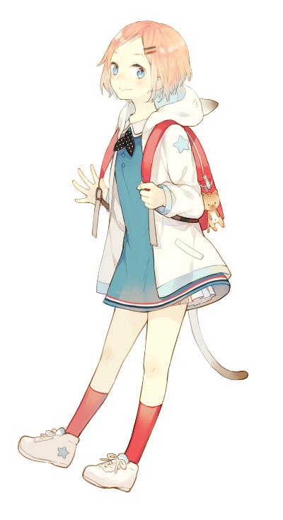 1girl animal_hood backpack bad_id bad_pixiv_id bag bag_charm black_neckerchief blonde_hair blue_dress blue_hair cat cat_hood cat_tail character_request charm_(object) closed_mouth copyright_request dress full_body hair_ornament hairclip holding_strap hood hooded_jacket jacket looking_at_viewer neckerchief open_hand polka_dot_neckerchief red_bag red_socks seuga shoes short_hair simple_background smile sneakers socks solo standing star_(symbol) star_print tachi-e tail white_background white_jacket