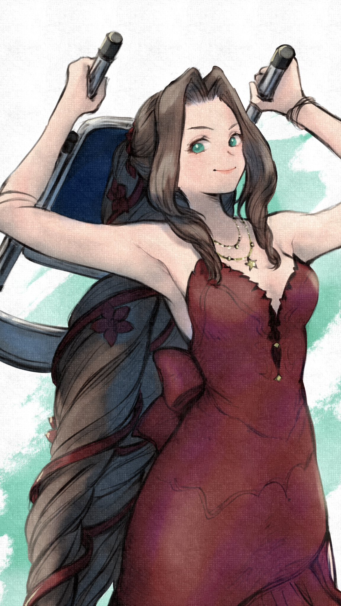 1girl aerith_gainsborough aerith_gainsborough_(red_dress) armlet armpits back_bow bare_shoulders bow bracelet breasts brown_hair chair closed_mouth commentary_request cowboy_shot dress fighting_stance final_fantasy final_fantasy_vii final_fantasy_vii_remake flamenco_dress flower folding_chair gold_necklace green_eyes hair_flower hair_ornament hair_ribbon highres holding_chair jewelry long_dress long_hair looking_at_viewer medium_breasts necklace official_alternate_costume parted_bangs plunging_neckline ponytail pulupulupoodle red_flower red_ribbon ribbon ringlets sidelocks smile solo star_(symbol) star_necklace strapless strapless_dress wavy_hair weapon_behind_back