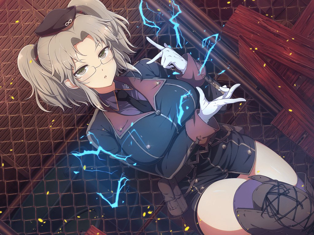 1girl :o belt belt_pouch bike_shorts black_necktie blush breasts buttons chain-link_fence cross-laced_footwear double-breasted electricity electrokinesis fence glasses gloves green_eyes hat hebijo_academy_uniform imu_(senran_kagura) infinity_symbol large_breasts light_brown_hair long_sleeves looking_at_viewer military_uniform necktie official_art parted_bangs plank pouch purple_shirt purple_thighhighs rimless_eyewear senran_kagura senran_kagura_new_link senran_kagura_shinovi_versus shirt short_hair solo thigh-highs thighs twintails uniform white_gloves wood yaegashi_nan