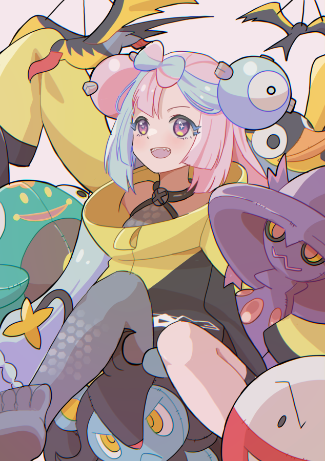 1girl bellibolt bow-shaped_hair character_hair_ornament hair_ornament iono_(pokemon) jacket long_hair magnemite mismagius mizuiro123 multicolored_hair open_mouth oversized_clothes pink_hair pokemon pokemon_(creature) pokemon_sv sharp_teeth shirt sleeves_past_fingers sleeves_past_wrists smile teeth two-tone_hair yellow_jacket