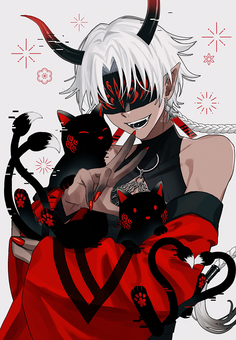 1boy azuma_hatori bare_shoulders black_skin black_tongue blindfold braid cat colored_skin commentary dangle_earrings dark-skinned_male dark_skin demon_horns earrings fangs glitch gradient_skin heart heart_tail horns jewelry long_hair looking_at_viewer male_focus multiple_tails oni open_mouth original piercing pointy_ears red_nails single_braid smile solo symbol-only_commentary tail tan tongue_piercing two_tails upper_body v white_background white_hair