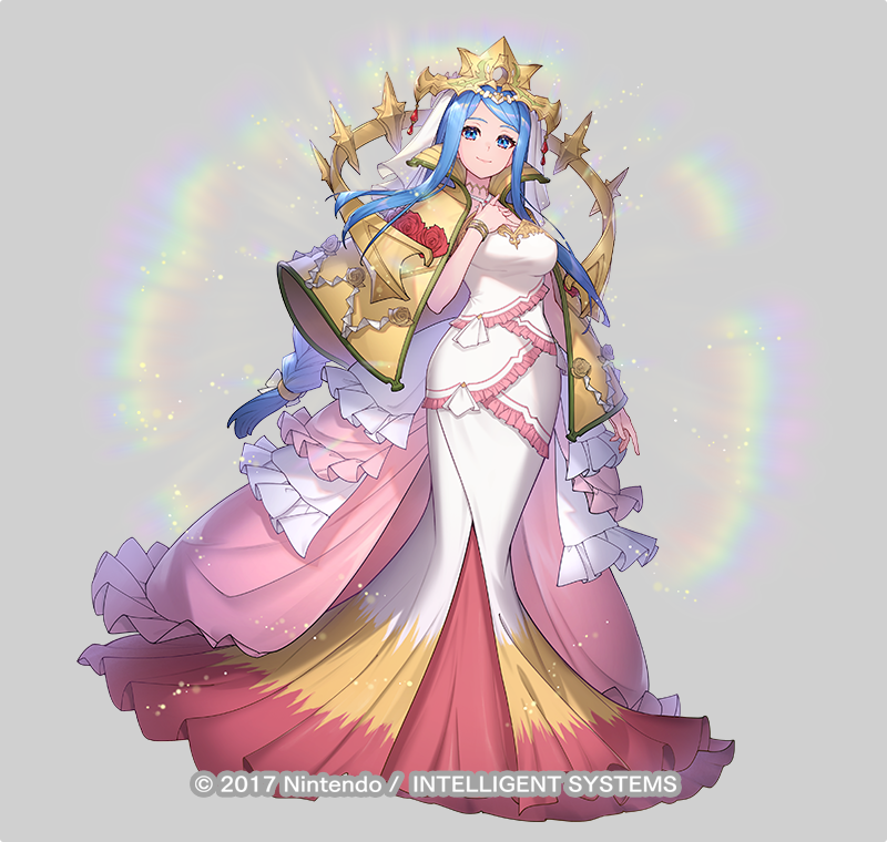 1girl blue_eyes blue_hair dress essual_(layer_world) fire_emblem fire_emblem_engage fire_emblem_heroes full_body gold_crown looking_at_viewer lumera_(fire_emblem) multicolored_clothes official_alternate_costume official_art solo white_dress