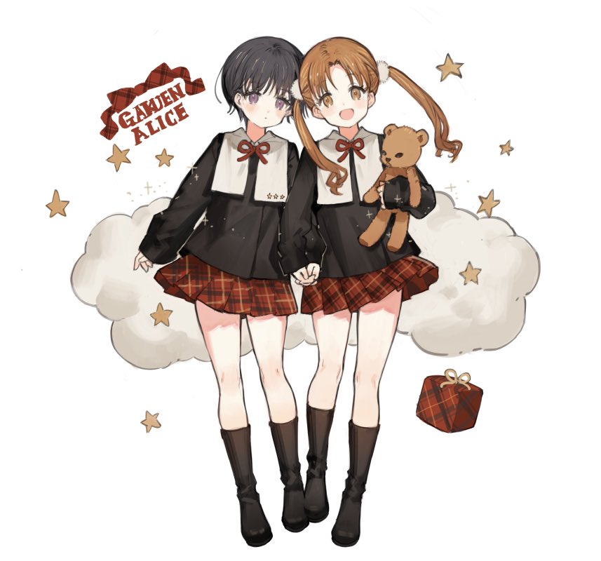 2girls :d black_footwear black_hair black_jacket blush boots bow bowtie box brown_eyes brown_hair clouds copyright_name full_body gakuen_alice gift gift_box holding holding_hands holding_stuffed_toy imai_hotaru jacket knee_boots long_hair long_sleeves looking_at_viewer miniskirt mr._bear_(gakuen_alice) multiple_girls open_mouth plaid plaid_skirt pleated_skirt puffy_long_sleeves puffy_sleeves red_bow red_bowtie red_skirt sakura_mikan school_uniform short_hair simple_background skirt smile star_(symbol) starshadowmagician stuffed_animal stuffed_toy teddy_bear violet_eyes white_background