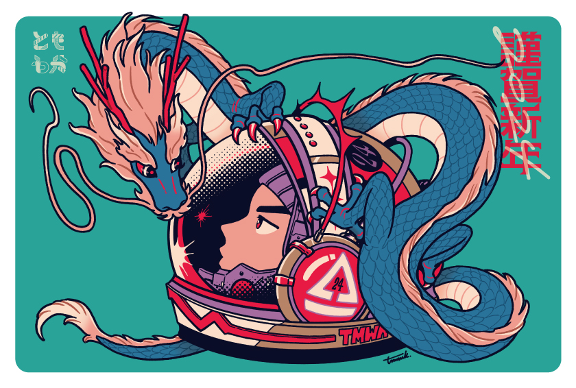 1boy astronaut chinese_zodiac closed_mouth dragon eastern_dragon green_background helmet kk724 looking_at_animal looking_to_the_side male_focus new_year original portrait profile red_eyes simple_background solo space_helmet translation_request year_of_the_dragon
