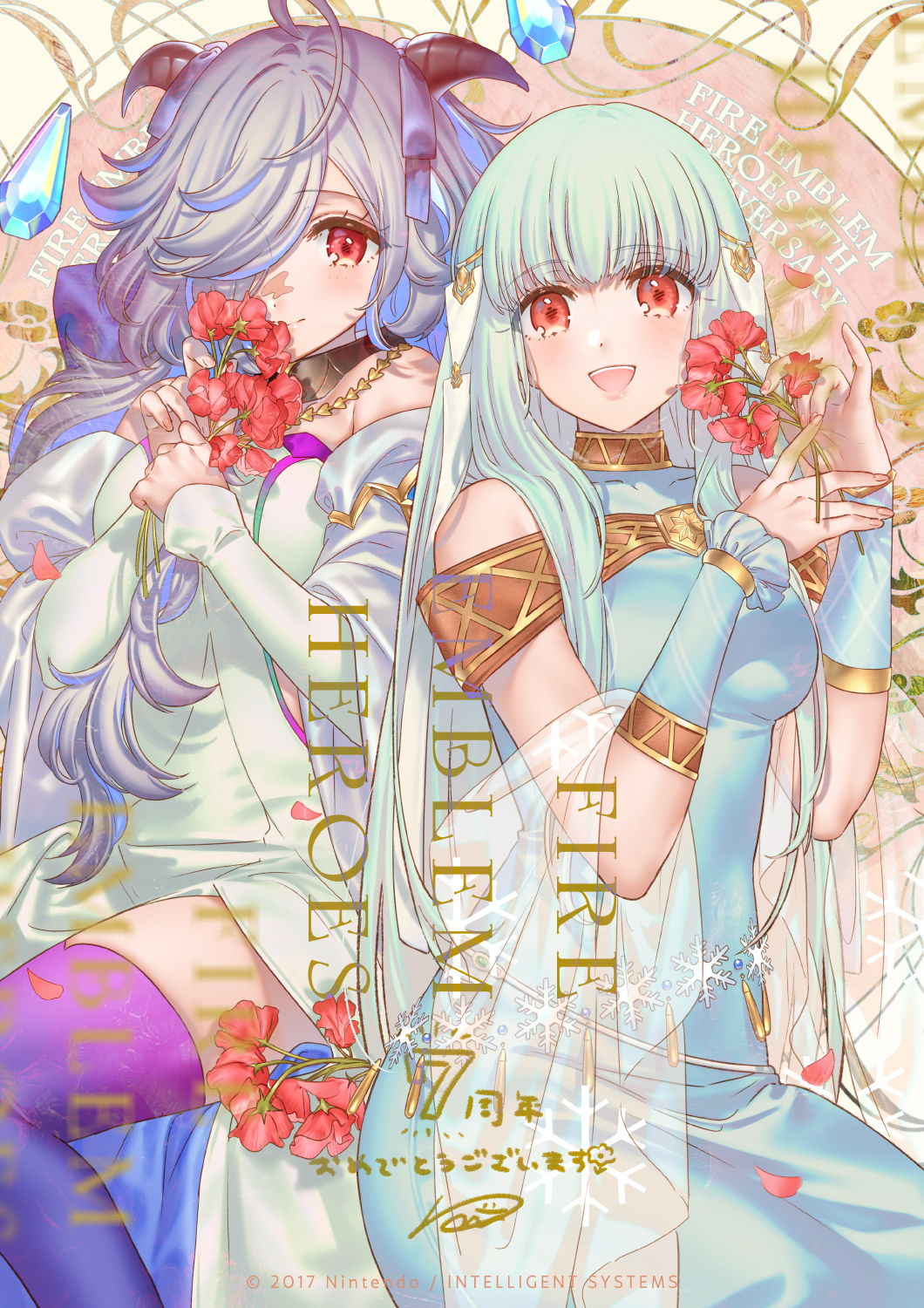 ahoge anniversary bare_shoulders blue_hair blush breasts collar dress eitr_(fire_emblem) english_text fire_emblem fire_emblem:_the_blazing_blade fire_emblem_heroes flower grey_hair hair_ornament hair_over_one_eye highres holding holding_flower horns jewelry kippu long_hair looking_at_viewer multicolored_hair ninian_(fire_emblem) official_art open_mouth petals red_eyes red_flower smile very_long_hair wavy_hair