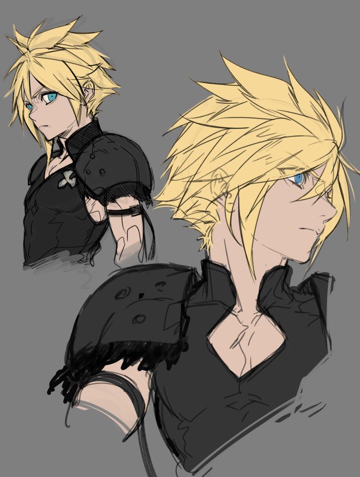 1boy arm_strap armor black_shirt blonde_hair blue_eyes closed_mouth cloud_strife cloud_strife_(battlefiend_garb) cropped_torso final_fantasy final_fantasy_vii final_fantasy_vii_ever_crisis final_fantasy_vii_remake grey_background hair_between_eyes kiki_lala looking_at_viewer looking_to_the_side male_focus multiple_views official_alternate_costume pectorals shirt short_hair shoulder_armor spiky_hair upper_body