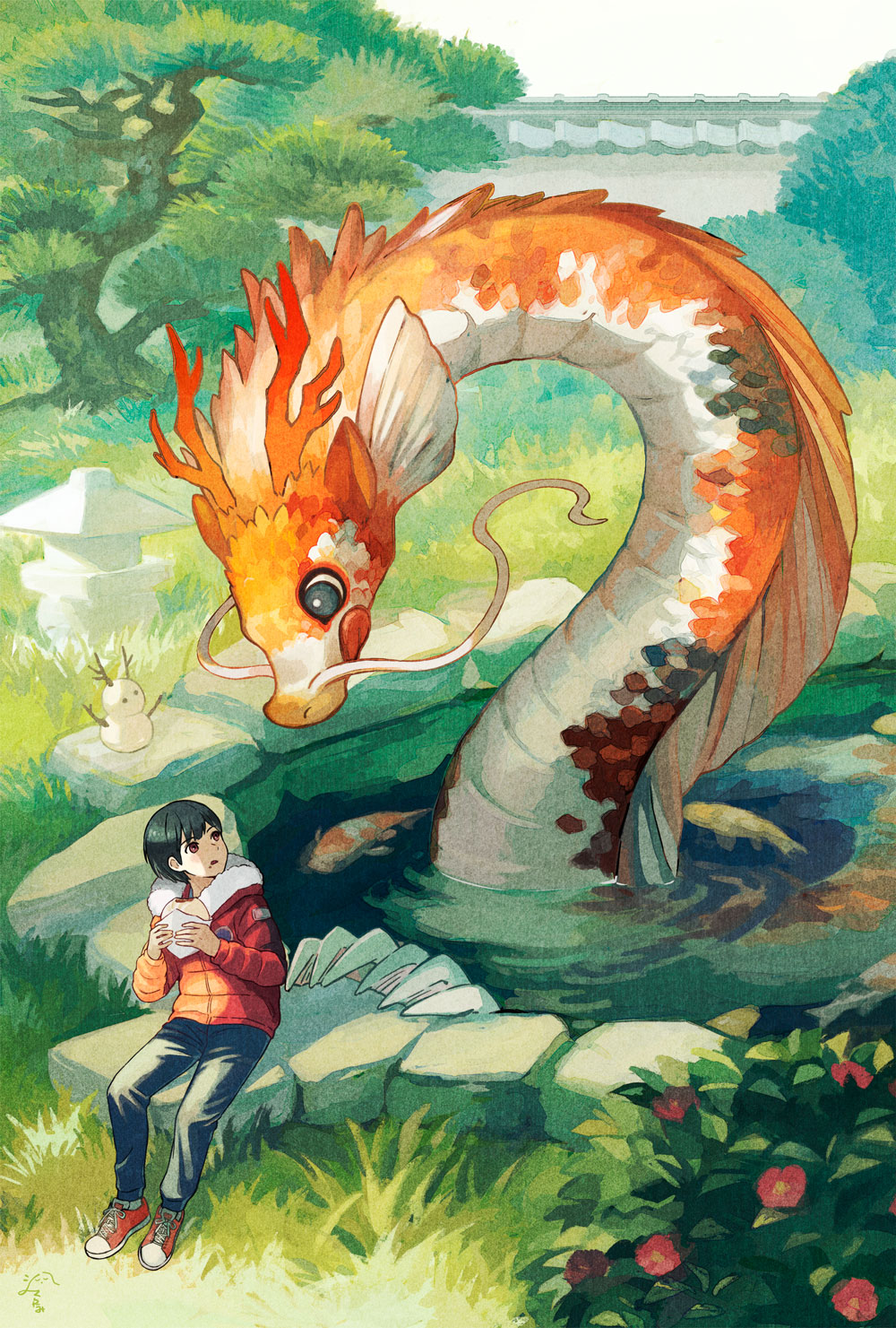 1boy antlers black_eyes black_hair blue_pants bush chinese_zodiac day dragon eastern_dragon eating fins fish food from_above fur-trimmed_hood fur-trimmed_jacket fur_trim grass head_fins highres holding holding_food hood horns jacket koi licking_lips long_sleeves open_mouth original outdoors pants pond red_eyes red_footwear red_jacket rock scales shoes short_hair sitting sitting_on_rock sneakers snowman tami_yagi tongue tongue_out tree water year_of_the_dragon