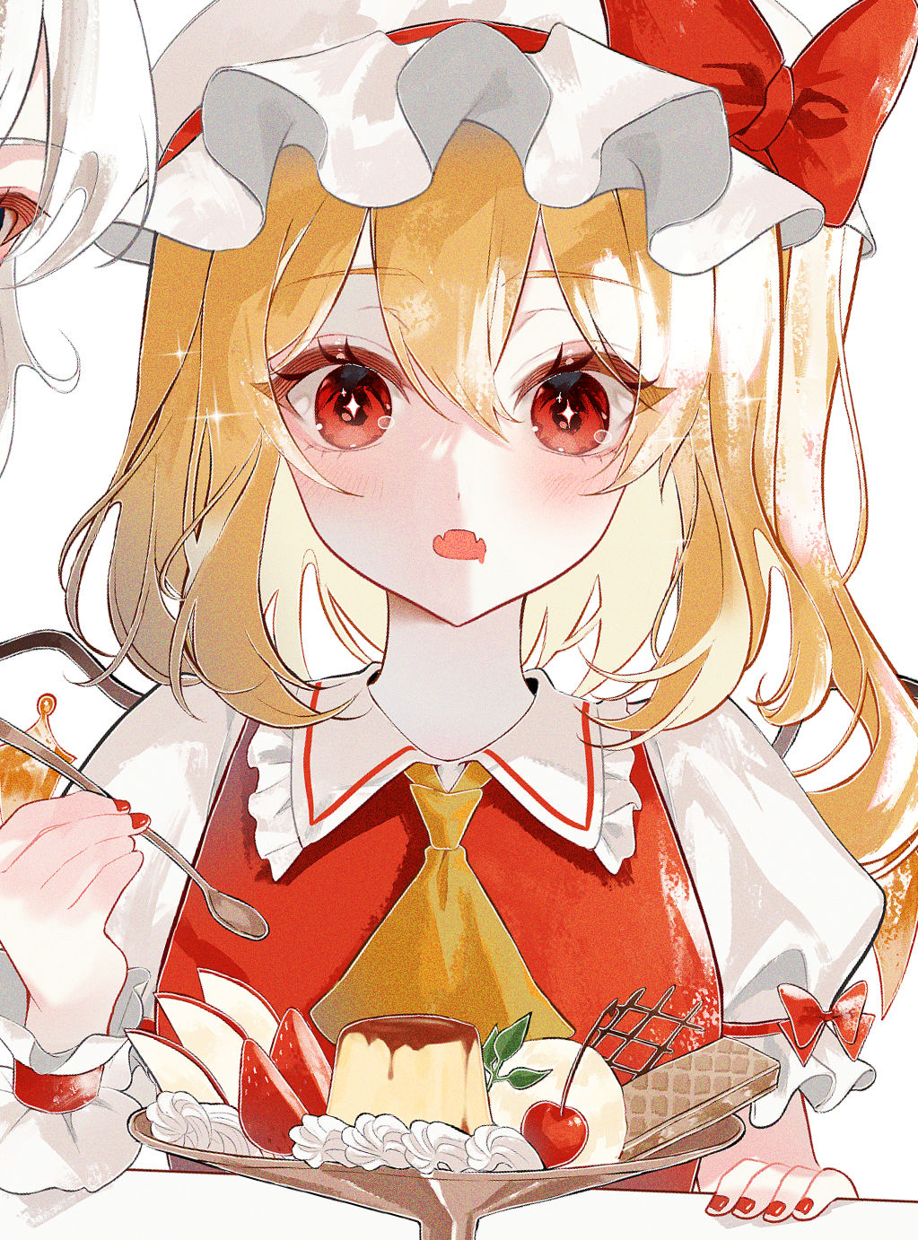 1girl apple ascot blonde_hair blush bow checkerboard_cookie cherry cookie crystal eyelashes eyeliner fang fangs flandre_scarlet food frilled_cuffs frilled_hat frilled_sleeves frills fruit hair_between_eyes hat hat_bow highres holding holding_spoon izayoi_sakuya makeup mob_cap mochi multicolored_wings nail_polish one_side_up open_mouth plate pudding puffy_short_sleeves puffy_sleeves red_bow red_eyeliner red_eyes red_nails red_vest saliva short_hair short_sleeves side_ponytail skin_fang smile solo spoon strawberry table touhou uzmee vest whipped_cream white_hair white_headwear wings wrist_cuffs yellow_ascot