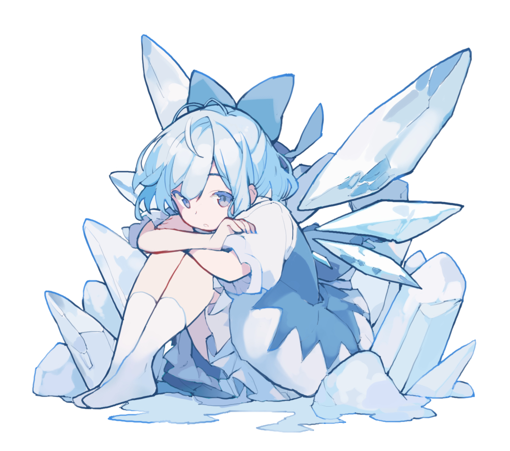 1girl asakura_maru blue_bow blue_dress blue_eyes blue_hair bow cirno detached_wings dress fairy hair_bow hugging_own_legs ice ice_wings legs_together looking_at_viewer messy_hair parted_lips pinafore_dress shirt short_hair sitting sleeveless sleeveless_dress snow socks touhou white_background white_shirt white_socks wings