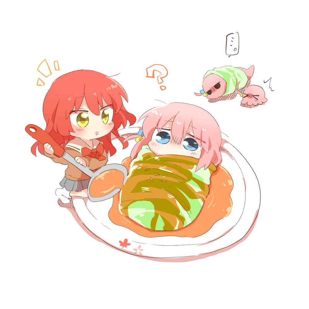 2girls ? blue_eyes blush bocchi_the_rock! bow bowtie brown_sweater cabbage chibi chibi_only food gotoh_hitori gotoh_hitori_(octopus) gotoh_hitori_(tsuchinoko) grey_skirt hair_between_eyes holding holding_ladle in_food kita_ikuyo ladle long_hair looking_at_another looking_at_viewer mini_person minigirl multiple_girls open_mouth pink_hair plate pleated_skirt rebecca_(keinelove) red_bow red_bowtie redhead sailor_collar sauce simple_background skirt socks sweater white_background white_sailor_collar white_socks wrapped_up yellow_eyes
