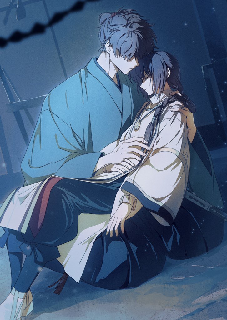 1boy 1other androgynous black_hair blue_kimono bracelet braid braided_ponytail closed_eyes fate/samurai_remnant fate_(series) hair_over_eyes hakama hand_on_another's_shoulder japanese_clothes jewelry katana kimono miyamoto_iori_(fate) natsukiki necklace sandals single_braid sitting sitting_on_lap sitting_on_person spoilers sword sword_on_back topknot weapon weapon_on_back yamato_takeru_(fate)