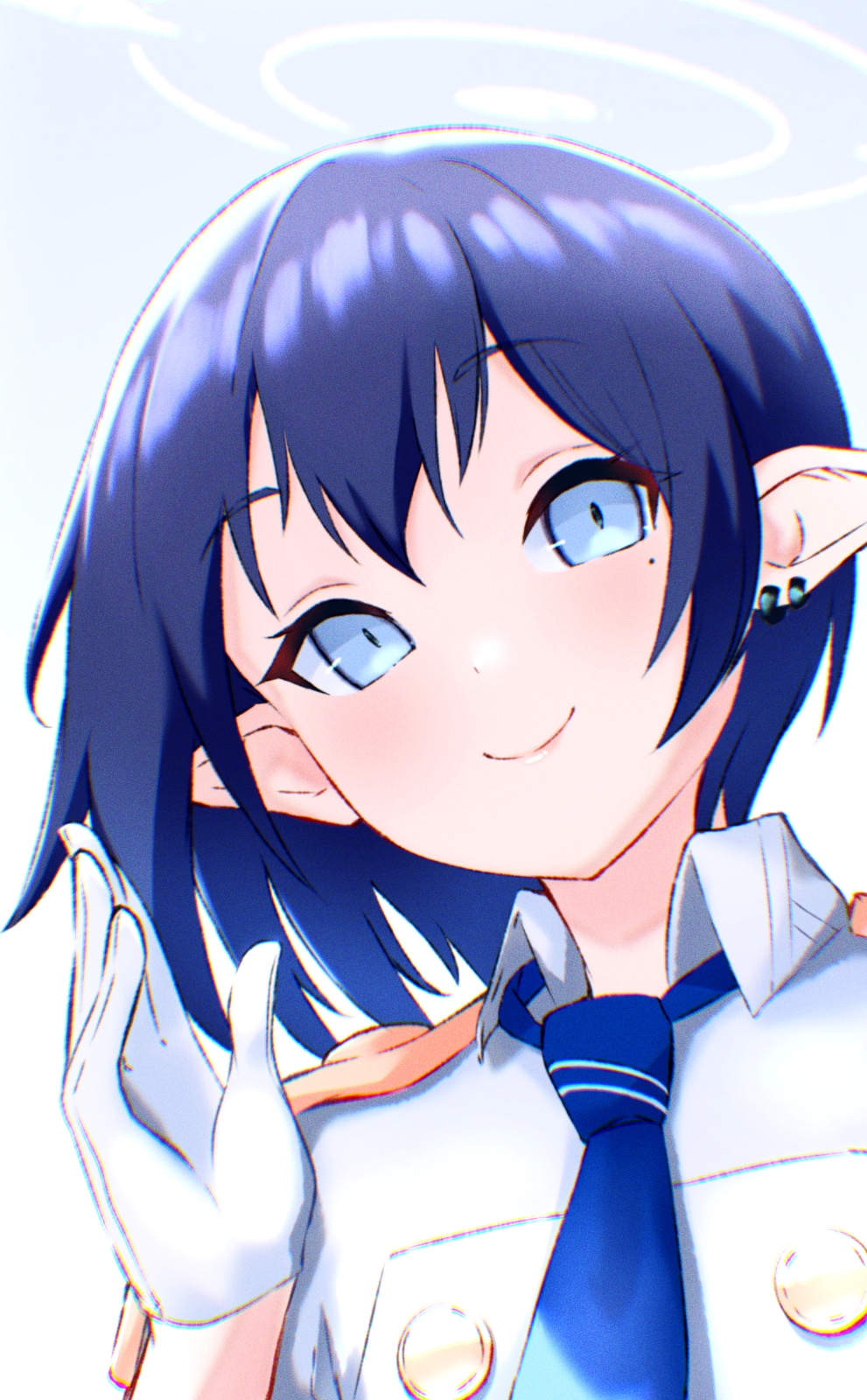 aoi_(blue_archive) blue_archive blue_eyes blue_hair blush collared_shirt earrings epaulettes exxe_mkii gloves halo hand_up highres jewelry looking_at_viewer mole mole_under_eye necktie pointy_ears shirt short_hair slit_pupils smile upper_body