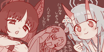 3girls animal_ears black_eyes black_hair blue_archive blue_hair blue_halo blush cat_ears chise_(blue_archive) closed_eyes closed_mouth crossed_arms halo holding holding_toothbrush horns japanese_clothes kikyou_(blue_archive) kimono long_hair long_sleeves lowres multiple_girls open_mouth red_eyes red_horns short_hair sketch smile toothbrush translation_request uom6iybcbigfulh white_kimono yukari_(blue_archive)