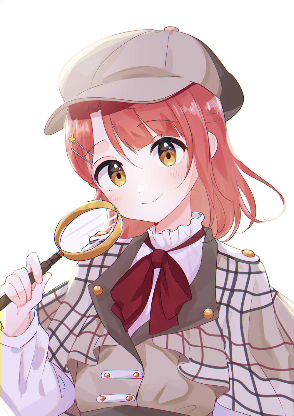 1girl bow bowtie brown_jacket closed_mouth frilled_shirt frills grey_headwear hair_ornament hairclip highres holding holding_magnifying_glass jacket long_sleeves looking_at_viewer love_live! love_live!_nijigasaki_high_school_idol_club magnifying_glass medium_hair pink_hair plaid_capelet red_bow red_bowtie shirt solo standing uehara_ayumu upper_body walking_dream watanabe_nako white_background white_shirt yellow_eyes