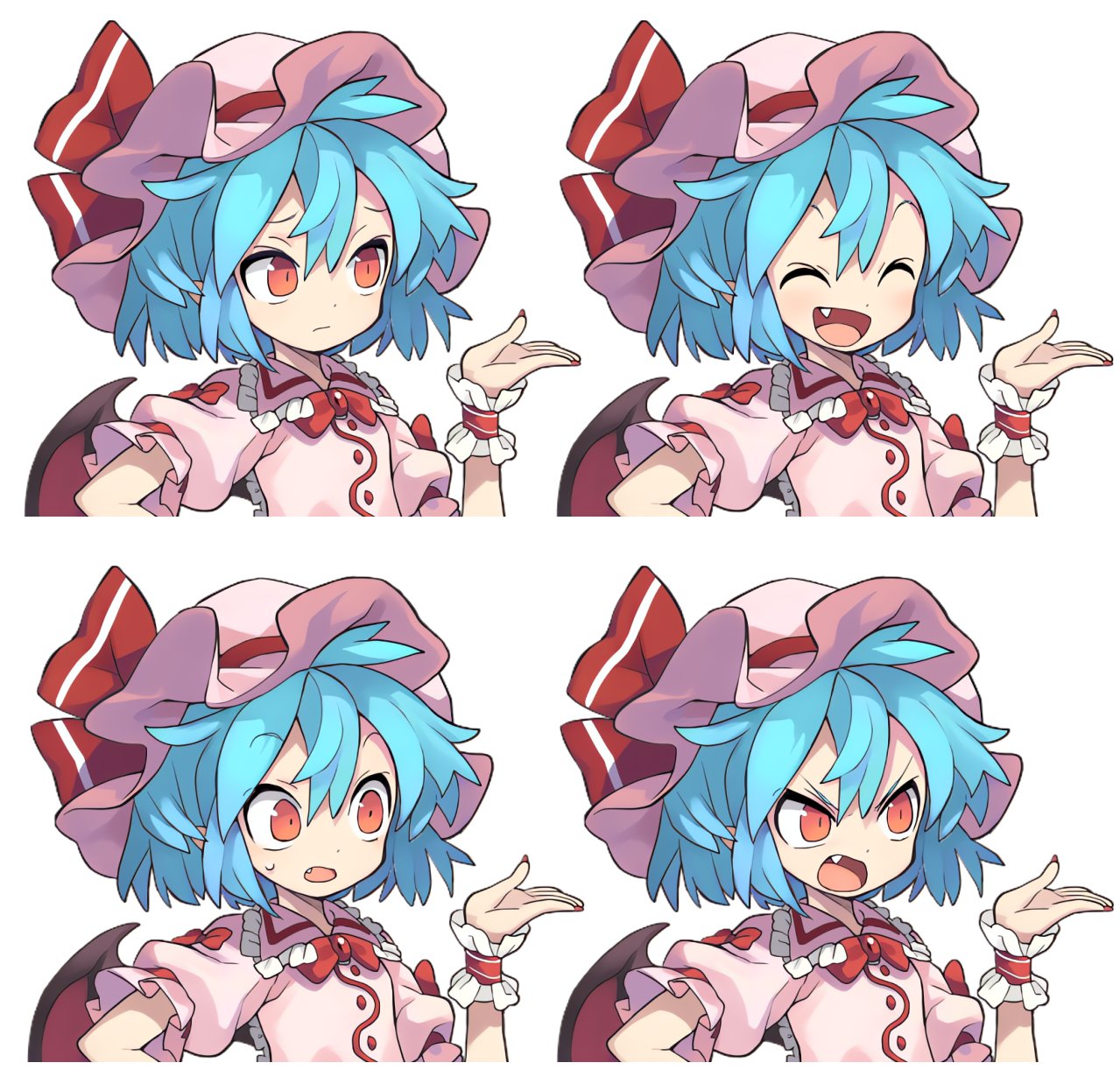 angry ascot bat_wings blue_hair brooch closed_eyes dress expression_chart hat hat_ribbon highres jewelry maid_headdress mob_cap morino_hon pink_dress pink_headwear puffy_short_sleeves puffy_sleeves red_ascot red_eyes remilia_scarlet ribbon scared short_hair short_sleeves siblings sisters smile touhou v-shaped_eyebrows wings worried wrist_cuffs