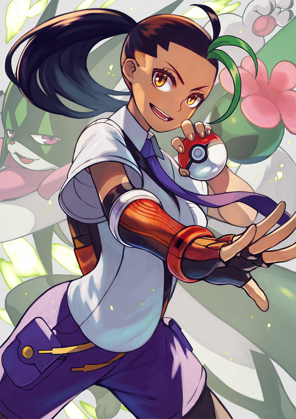 1girl black_bag black_hair brown_eyes collared_shirt eyelashes gloves green_hair highres holding holding_poke_ball long_hair meowscarada mixed-language_commentary multicolored_hair necktie nemona_(pokemon) open_mouth outstretched_arm pantyhose poke_ball poke_ball_(basic) pokemon pokemon_sv ponytail purple_necktie purple_shorts red_eyes red_gloves rumie school_uniform shirt short_sleeves shorts single_glove smile teeth two-tone_hair uva_academy_school_uniform white_shirt