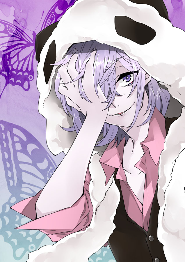 15imitation 1boy black_vest butterfly_background collarbone covering_one_eye eyelashes headwear_with_attached_mittens inga looking_at_viewer male_focus panda_hat parted_lips pink_shirt purple_background purple_hair shirt short_hair solo un-go vest violet_eyes
