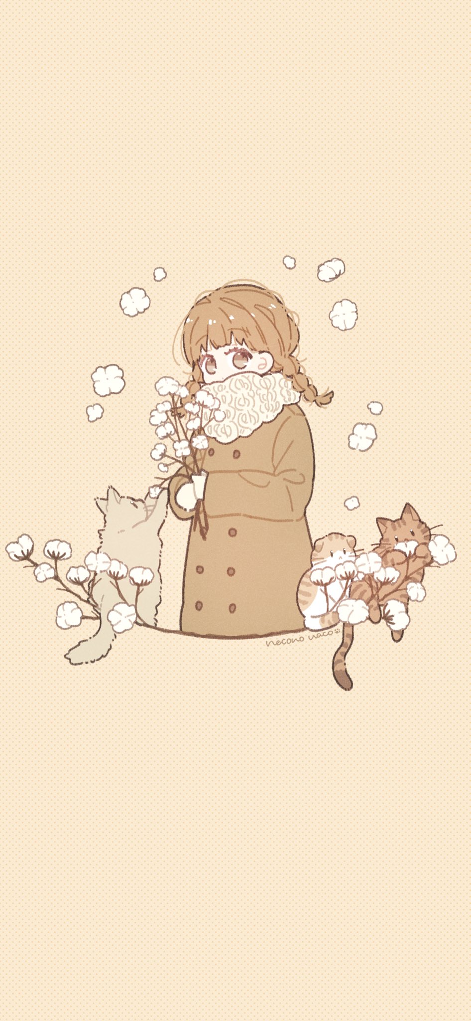 1girl animal artist_name braid brown_background brown_cat brown_coat brown_eyes brown_hair brown_theme buttons cat coat cotton_(plant) covered_mouth cropped_legs double-breasted expressionless flower grey_cat highres holding holding_flower holding_plant long_sleeves looking_at_viewer medium_hair messy_hair necono_naco original pastel_colors plant polka_dot polka_dot_background scarf signature solo twin_braids white_flower white_scarf