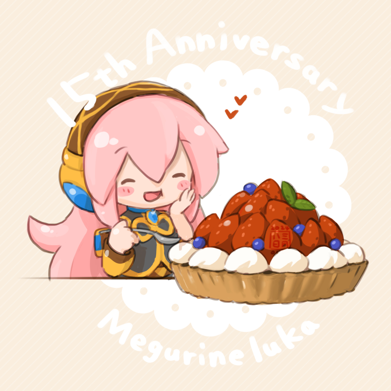 1girl anniversary artist_name asymmetrical_sleeves black_shirt blueberry blush_stickers character_name chibi closed_eyes commentary cream food fruit fruit_tart gold_trim hand_on_own_cheek hand_on_own_face headphones heart holding holding_spoon long_hair megurine_luka open_mouth pink_hair sanpati seal_impression shirt smile solo spoon strawberry tart_(food) upper_body vocaloid
