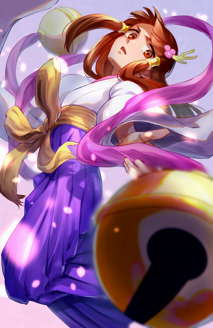 1girl bell bleach bleach:_zanpakutou_ibun_hen blue_hakama blunt_bangs blurry brown_eyes brown_hair commentary_request depth_of_field feet_out_of_frame fighting_stance floating_clothes floating_hair grey_background hair_tubes hakama hakama_skirt holding holding_ribbon incoming_attack japanese_clothes jingle_bell kimono light_particles long_hair long_sleeves looking_at_viewer open_mouth pink_ribbon ribbon sash sidelocks simple_background skirt solo soraao0322 tobiume v-shaped_eyebrows white_kimono wide_sleeves yellow_sash