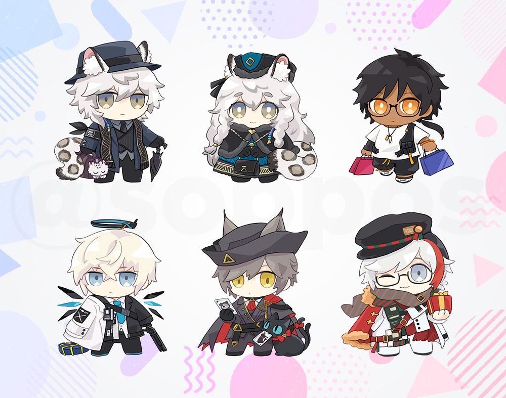 1girl 5boys animal animal_ear_fluff animal_ears arknights bag bespectacled black_cape black_capelet black_dress black_hair black_headwear black_jacket black_shorts black_suit blonde_hair blue_background blue_eyes blue_necktie brown_scarf cape capelet card cat cat_boy cat_ears chibi christine_(arknights) commentary_request dark-skinned_male dark_skin dress ears_through_headwear elysium_(arknights) elysium_(snowy_echo)_(arknights) executor_(arknights) executor_(titleless_code)_(arknights) fanny_pack full_body fur-trimmed_cape fur-trimmed_capelet fur_trim glasses gradient_background grey_hair gun halo hand_fan hat holding holding_bag holding_card holding_fan holding_gun holding_umbrella holding_weapon id_card jacket jewelry leopard_boy leopard_ears leopard_girl leopard_tail light_smile looking_at_viewer multicolored_background multicolored_clothes multicolored_hair multicolored_jacket multiple_boys necklace necktie official_alternate_costume one_eye_closed pants phantom_(arknights) phantom_(dream_within_a_dreammare)_(arknights) pink_background playing_card ponytail pramanix_(arknights) pramanix_(caster's_frost)_(arknights) red_cape red_necktie redhead scarf shirt shorts silverash_(arknights) silverash_(york's_bise)_(arknights) soppos suit t-shirt tail thorns_(arknights) thorns_(comodo)_(arknights) two-sided_cape two-sided_fabric two-tone_jacket umbrella weapon white_cat white_jacket white_pants white_shirt wings yellow_eyes