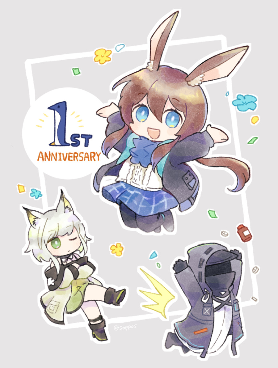 1other 2girls amiya_(arknights) animal_ear_fluff animal_ears anniversary arknights arms_up ascot black_footwear black_gloves black_jacket black_pantyhose blue_ascot blue_eyes blue_jacket blue_skirt border bottle brown_hair cat_ears cat_girl chibi closed_mouth commentary_request confetti doctor_(arknights) dress english_text frown full_body gloves green_dress green_eyes grey_background grey_hair hood hooded_jacket jacket jumping kal'tsit_(arknights) kicking looking_at_viewer mask multiple_girls one_eye_closed open_mouth outline pantyhose plaid plaid_skirt rabbit_ears rabbit_girl see-through see-through_coat shirt simple_background skirt smile soppos white_shirt