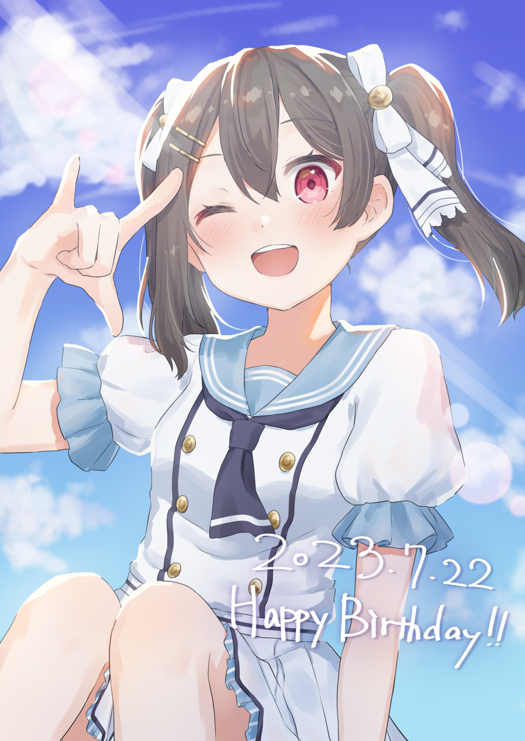 1girl 2023 ;d \m/ arm_at_side ascot black_ascot black_hair blue_sailor_collar blue_sky blush commentary cowboy_shot dated day double-parted_bangs hair_between_eyes hair_ornament hair_ribbon hairclip hand_up happy happy_birthday highres kirima_(zs_at_) knees_up looking_at_viewer love_live! medium_hair one_eye_closed open_mouth outdoors puffy_short_sleeves puffy_sleeves red_eyes ribbon sailor_collar school_uniform serafuku shirt short_sleeves sitting sky smile solo sunlight teeth twintails upper_teeth_only white_ribbon white_shirt yazawa_nico
