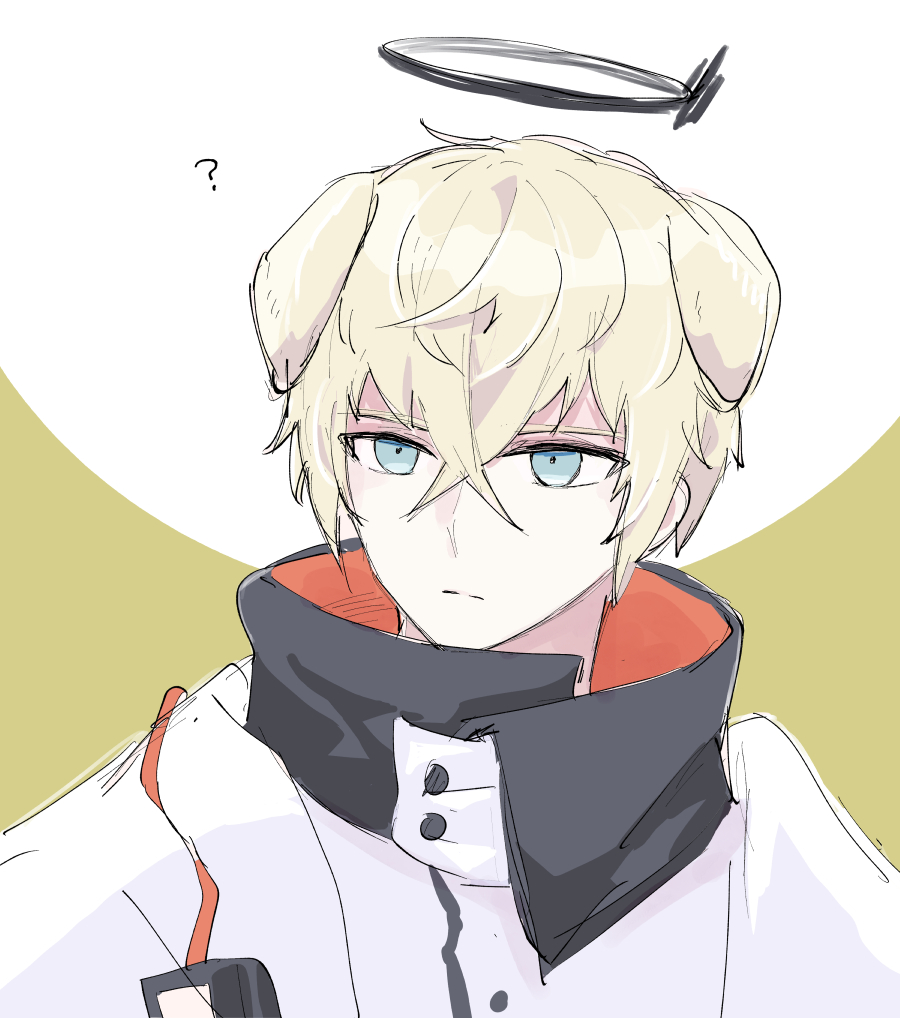 1boy ? animal_ears arknights blonde_hair blue_eyes commentary_request crossed_bangs dog_ears executor_(arknights) frown halo high_collar jacket looking_at_viewer male_focus sketch solo soppos two-tone_background upper_body white_background white_jacket yellow_background