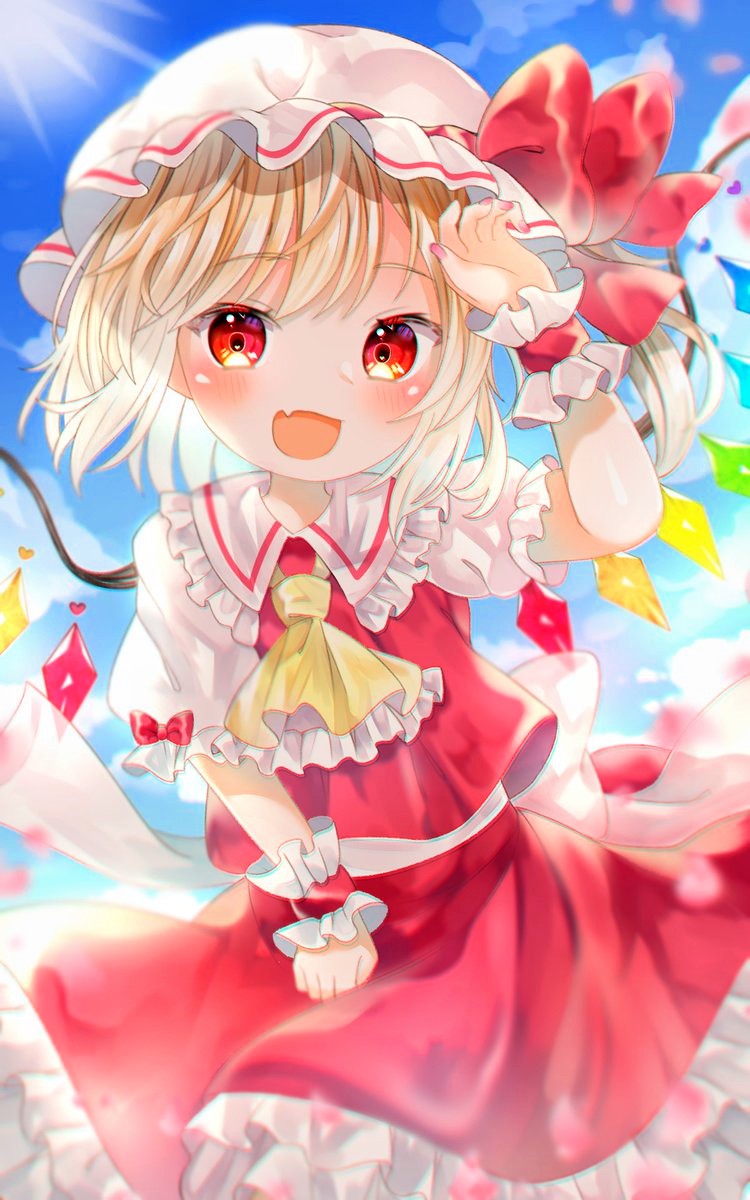 1girl ascot back_bow blonde_hair blue_sky blush bow collared_shirt cowboy_shot crystal day fang flandre_scarlet frilled_ascot frilled_shirt_collar frilled_skirt frilled_sleeves frills happy hat hat_bow head_tilt highres large_bow looking_at_viewer mob_cap multicolored_wings nail_polish open_mouth outdoors pafe_yuzuran pink_nails puffy_short_sleeves puffy_sleeves red_bow red_eyes red_ribbon red_skirt red_vest ribbon ribbon-trimmed_headwear ribbon_trim shirt short_sleeves skin_fang skirt skirt_set sky sleeve_bow smile solo sunlight touhou vest white_bow white_headwear white_shirt wings wrist_cuffs yellow_ascot