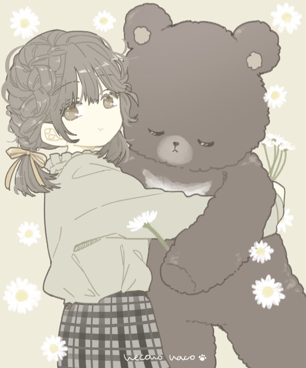 1girl artist_name black_hair black_skirt braid brown_eyes closed_mouth commentary cowboy_shot floral_background flower flower_(symbol) frilled_shirt frills grey_background grey_shirt hair_ribbon highres holding holding_flower hugging_object large_teddy_bear long_sleeves looking_at_viewer medium_hair necono_naco no_nose orange_ribbon original oversized_object plaid plaid_skirt pout ribbon shirt shirt_tucked_in signature simple_background skirt solo stuffed_animal stuffed_toy teddy_bear white_flower