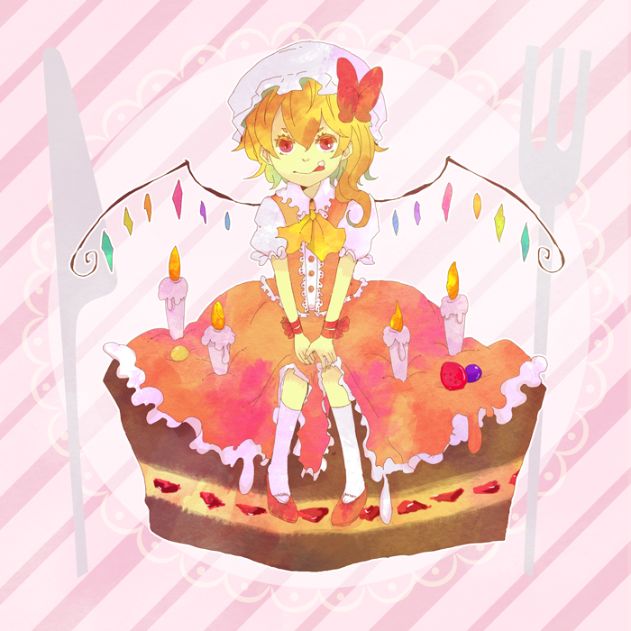 1girl :q adapted_costume ascot blonde_hair buttons cake candle center_frills chirashi flandre_scarlet food fork frills hands_on_own_knees hat kneehighs knees_together_feet_apart knife long_skirt looking_at_viewer medium_hair mob_cap multicolored_wings pigeon-toed pink_background puffy_short_sleeves puffy_sleeves red_eyes red_footwear red_skirt red_vest shirt short_sleeves simple_background sitting_on_food skirt socks solo strawberry_cake striped_background tongue tongue_out touhou vest white_headwear white_shirt white_socks wings yellow_ascot