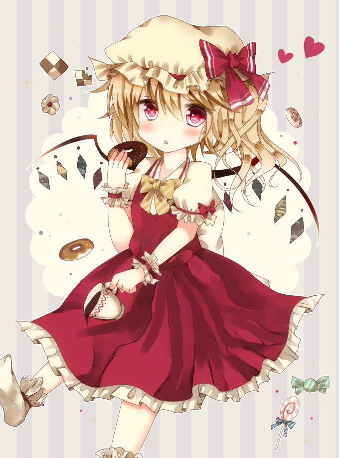1girl back_bow blonde_hair blush bow bowtie candy cup diagonal-striped_bow diagonal-striped_bowtie diagonal-striped_clothes doughnut flandre_scarlet food frilled_skirt frilled_sleeves frills gomabu_(rirurutennsi) hair_between_eyes hat hat_bow hat_ribbon head_tilt heart heart-shaped_pupils holding holding_cup holding_food lollipop looking_at_viewer mob_cap multicolored_wings no_shoes one_side_up open_mouth puffy_short_sleeves puffy_sleeves red_bow red_ribbon red_skirt red_vest ribbon ribbon-trimmed_headwear ribbon_trim shirt short_sleeves skirt sleeve_bow sleeve_ribbon socks solo spilling striped_background striped_clothes symbol-shaped_pupils teacup touhou vest white_headwear white_shirt white_socks wings wrapped_candy wrist_cuffs yellow_bow yellow_bowtie