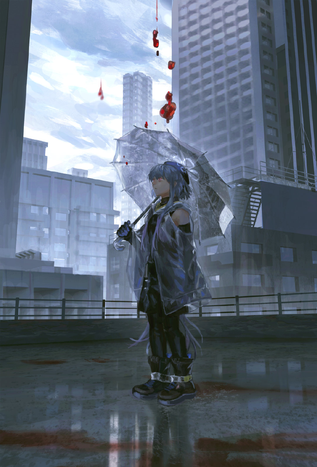 1boy arknights bare_shoulders black_footwear black_gloves black_pants black_shirt black_sleeves blue_hair boots building chinese_commentary cityscape closed_mouth clothing_cutout clouds cloudy_sky commentary_request day detached_sleeves flower full_body gloves highres holding holding_umbrella jacket layered_sleeves light_frown long_hair long_sleeves looking_ahead male_focus mizuki_(arknights) otoko_no_ko outdoors pants pink_eyes railing rain red_flower reflective_floor see-through see-through_jacket see-through_sleeves shirt shoulder_cutout sidelocks sisou sky skyscraper solo standing transparent transparent_umbrella turtleneck umbrella very_long_hair wide_sleeves window