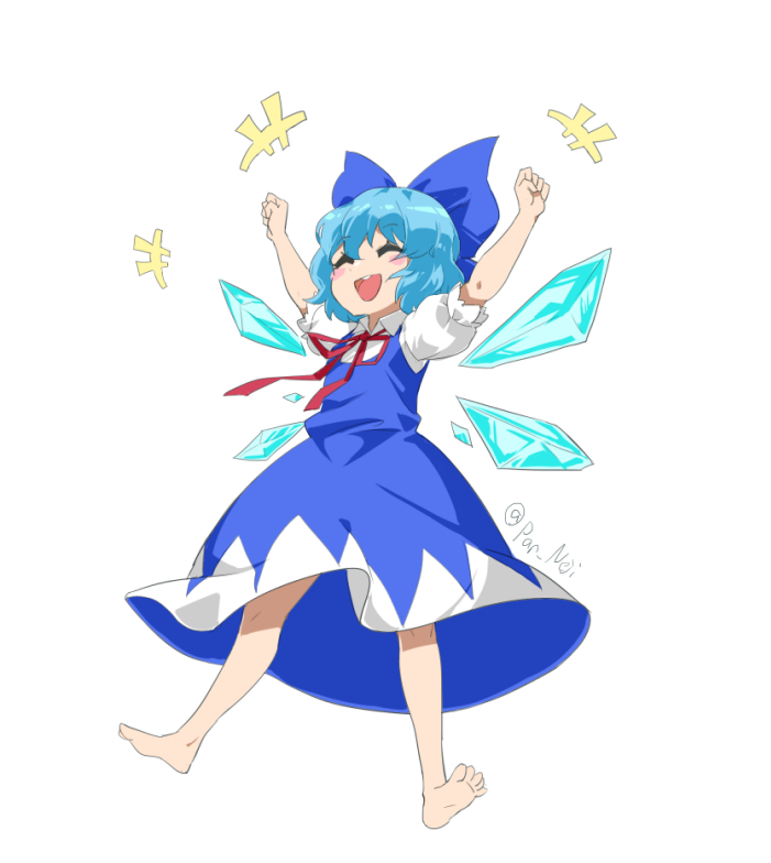 +++ 1girl :d ^_^ arms_up barefoot blue_bow blue_dress blue_hair blue_wings blush_stickers bow cirno closed_eyes collared_shirt detached_wings dress full_body hair_between_eyes hair_bow ice ice_wings neck_ribbon nejikyuu puffy_short_sleeves puffy_sleeves red_ribbon ribbon shirt short_sleeves simple_background sleeveless sleeveless_dress smile soles solo touhou twitter_username white_background white_shirt wings