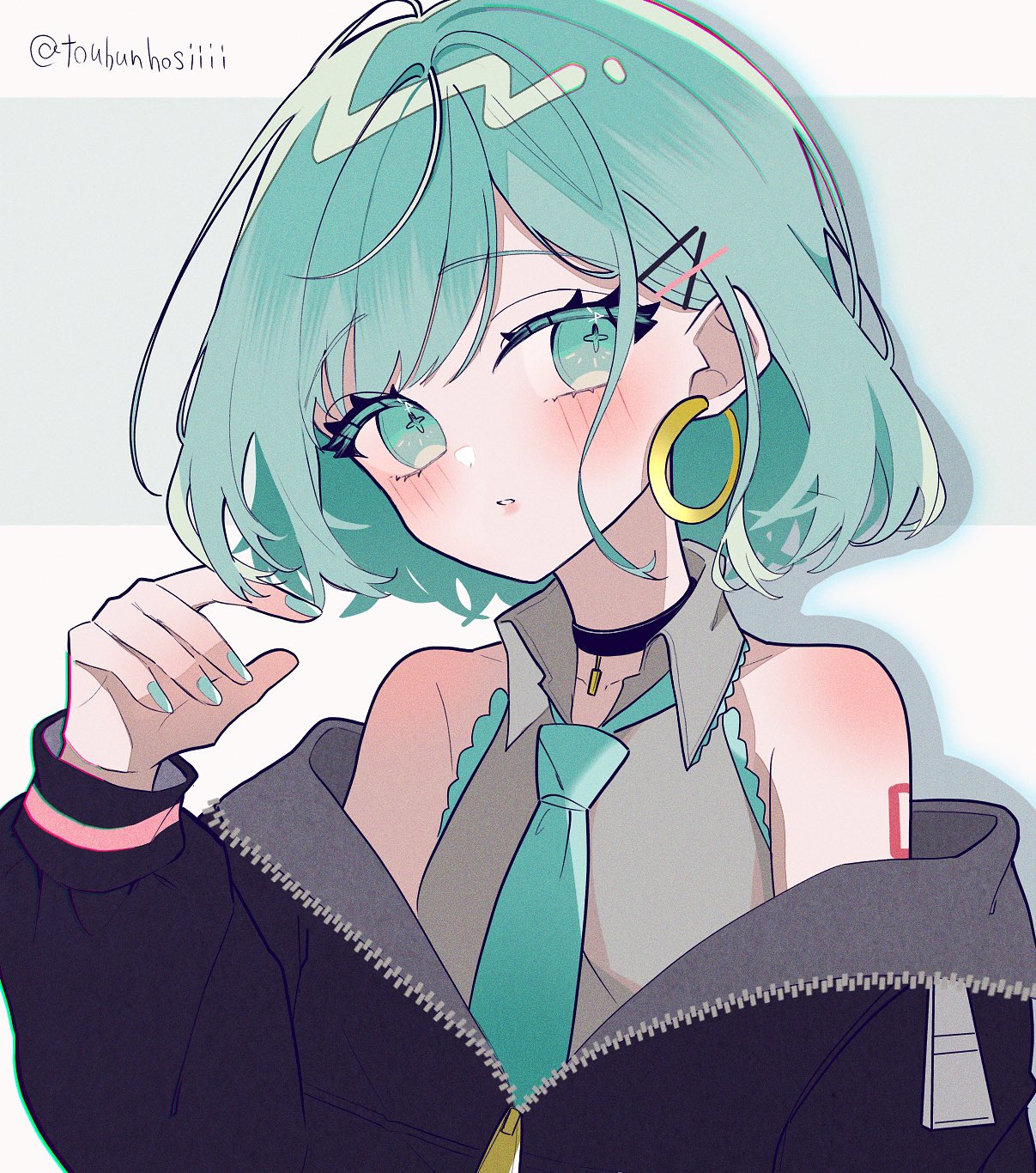 1girl alternate_hair_color alternate_hairstyle aqua_eyes aqua_hair aqua_nails bare_shoulders black_choker black_hoodie blush breasts choker collarbone collared_shirt cross-shaped_pupils earrings flat_chest grey_shirt hair_down hatsune_miku head_tilt highres hood hoodie jewelry loose_clothes maca1227 number_tattoo open_clothes open_collar open_hoodie parted_lips partially_unzipped pink_lips shirt short_hair shoulder_blush shoulder_tattoo skinny small_breasts swept_bangs symbol-shaped_pupils tattoo twitter_username vocaloid