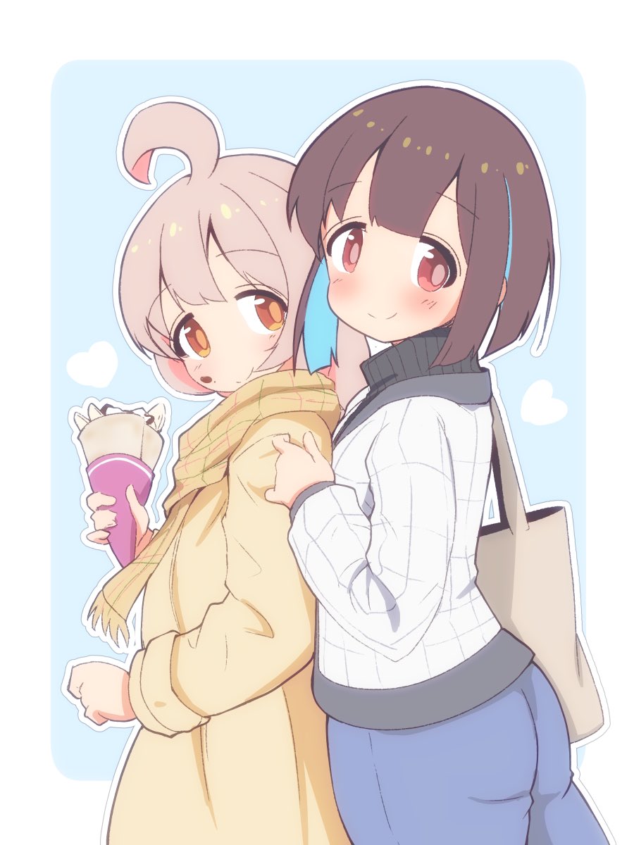 2girls ahoge bag blue_background blue_hair blue_pants blunt_bangs blunt_ends blush brown_eyes brown_hair casual coat colored_inner_hair commentary crepe food food_on_face heart highres holding holding_food hozuki_momiji jacket long_hair looking_at_viewer multicolored_hair multiple_girls onii-chan_wa_oshimai! outline oyama_mahiro pants pink_hair scarf short_hair simple_background smile two-tone_hair unkimo white_jacket white_outline yellow_coat yellow_scarf yuri