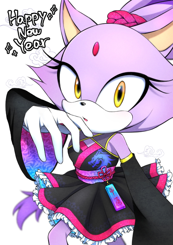 1205mina 1girl alternate_costume animal_ears black_dress blaze_the_cat cat_ears cat_girl cat_tail chinese_zodiac detached_sleeves dragon_print dress eyelashes forehead_jewel gloves happy_new_year long_sleeves looking_at_viewer parted_bangs purple_fur solo sonic_(series) tail white_background white_gloves wide_sleeves year_of_the_dragon yellow_eyes
