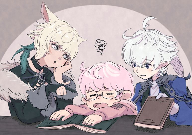 1girl 2boys :o ahoge alphinaud_leveilleur blonde_hair book closed_eyes elezen elf final_fantasy final_fantasy_xiv glasses head_tilt holding holding_book lalafell looking_at_another miqo'te multiple_boys nomu_poncha open_mouth pink_hair pointing pointing_at_another pointy_ears ponytail scribble short_hair warrior_of_light_(ff14) y'shtola_rhul