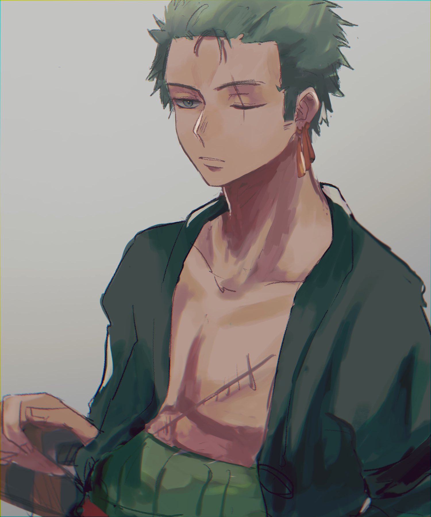 1boy bandana_around_arm commentary_request earrings green_hair green_kimono grey_background haramaki highres japanese_clothes jewelry kimono looking_to_the_side machida_0906 male_focus one_eye_closed one_piece roronoa_zoro scar scar_across_eye scar_on_chest short_hair sideburns simple_background solo sword upper_body weapon