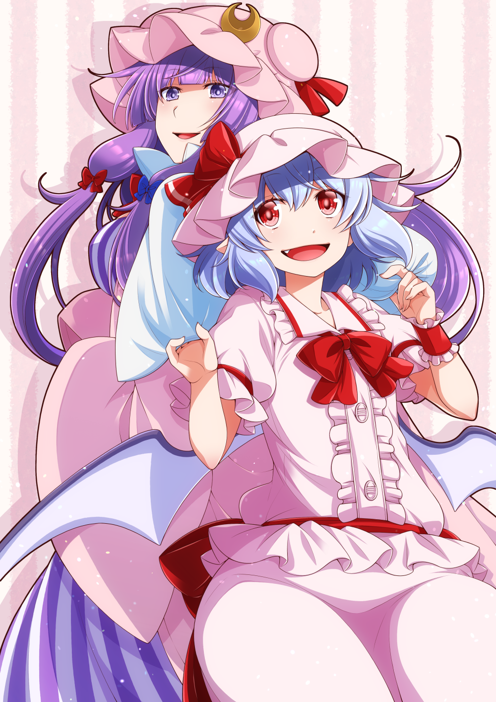 2girls bat_wings blue_bow blue_hair blunt_bangs bow bowtie commentary_request cowboy_shot crescent crescent_hat_ornament dress drop_shadow eichi_yuu fang frilled_wrist_cuffs frills hair_bow hat hat_ornament hat_ribbon highres light_blue_hair long_hair mob_cap multiple_girls open_mouth patchouli_knowledge pink_dress pointy_ears red_bow red_bowtie red_eyes red_ribbon remilia_scarlet ribbon robe short_hair short_sleeves simple_background single_wrist_cuff smile striped_clothes striped_dress touhou vertical-striped_clothes vertical-striped_dress violet_eyes white_background wings wrist_cuffs