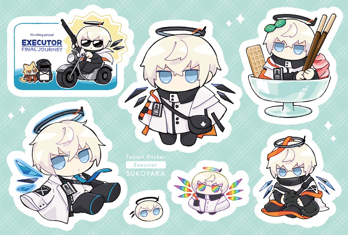 1boy 1girl 1other arknights artist_name bag black_jacket black_pants blonde_hair blue_eyes blue_necktie blue_wings character_name chibi coat commentary_request cookie crossed_bangs doctor_(arknights) english_text executor_(arknights) executor_(titleless_code)_(arknights) food food_on_head green_background gun halo holding holding_gun holding_weapon hood hood_up hooded_jacket ice_cream id_card in_container jacket mask necktie object_on_head official_alternate_costume orange_eyes orange_jacket outline pants patterned_background pocky rainbow_halo rainbow_wings short_hair simple_background soppos sticker sunglasses vermeil_(arknights) weapon white_coat wings