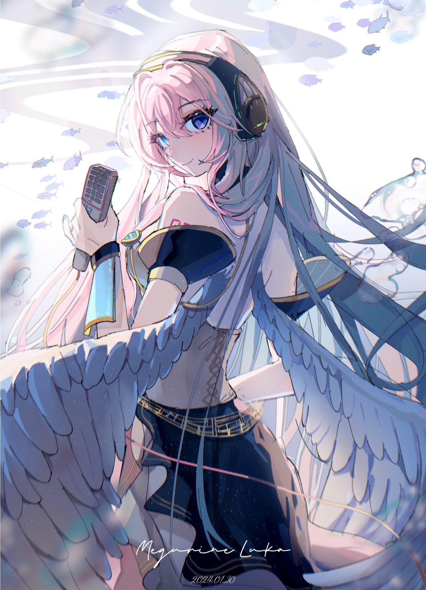 1girl anniversary black_skirt blue_eyes character_name crypton_future_media dated feathered_wings fish hair_between_eyes headphones highres holding holding_microphone light_blush linch long_hair long_skirt looking_at_viewer megurine_luka microphone number_tattoo pink_hair shoulder_tattoo sidelocks skirt smile solo tattoo very_long_hair vocaloid white_background white_wings wings